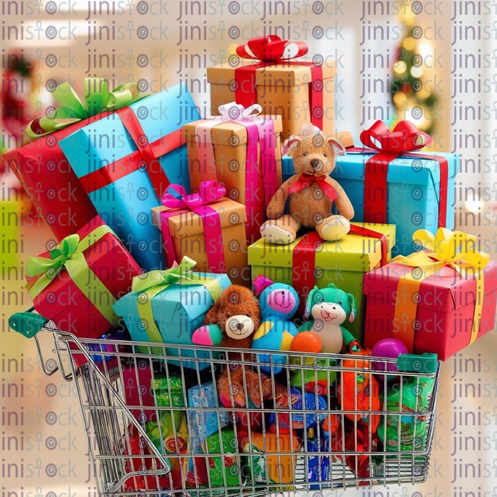 shopping cart with wrapped gifts different sizes  and toys