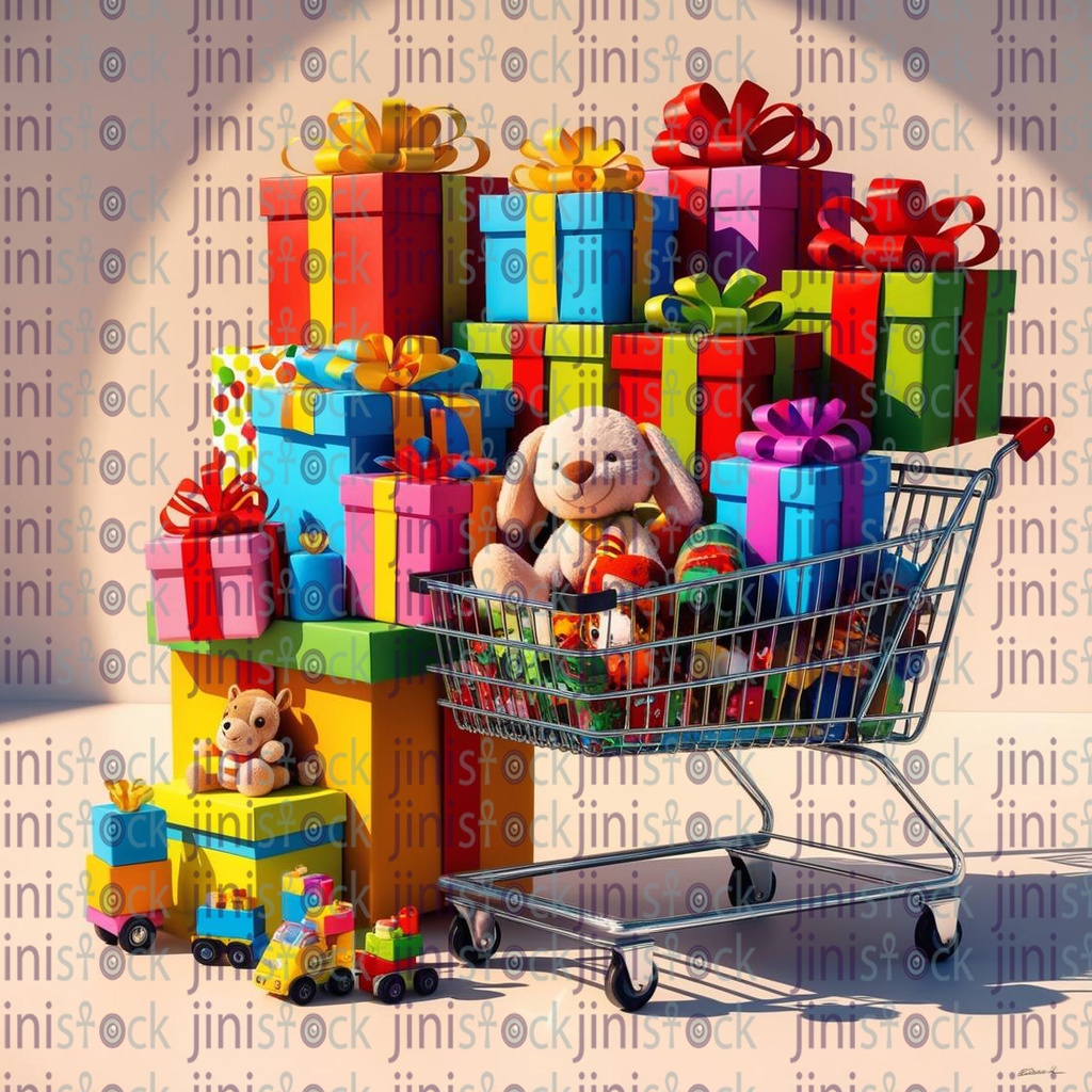 shopping cart with wrapped gifs different sizes  and toys