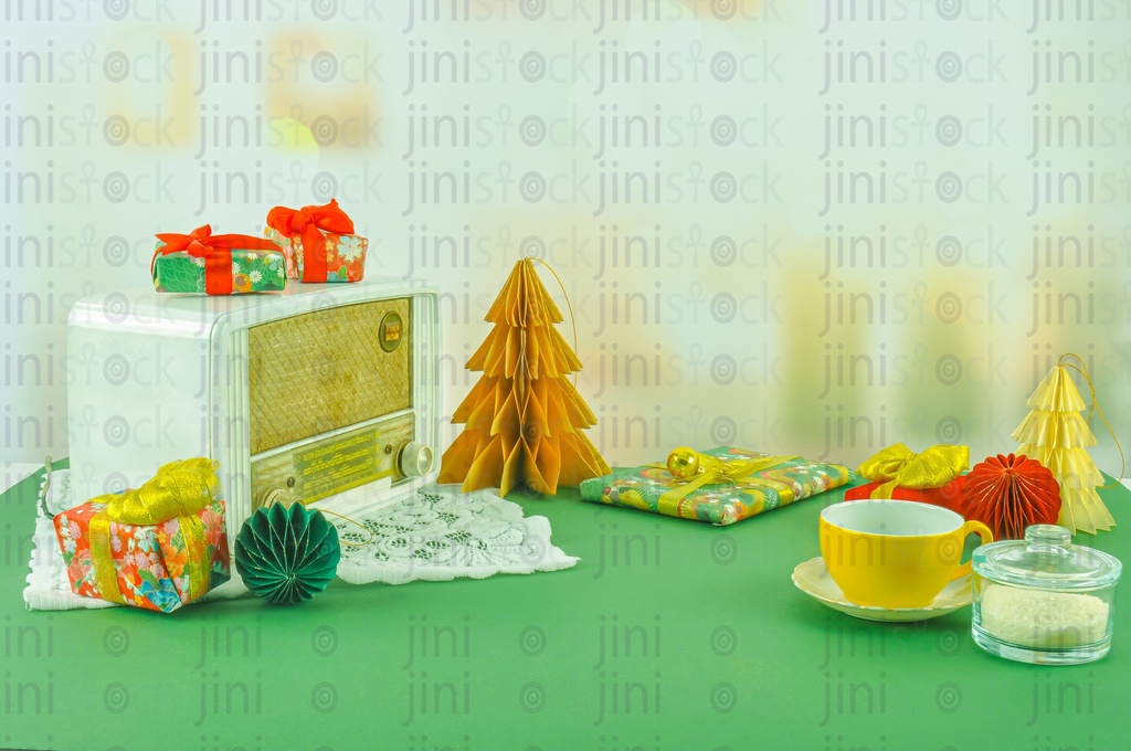ِA vintage radio and Christmas and New year decorations.