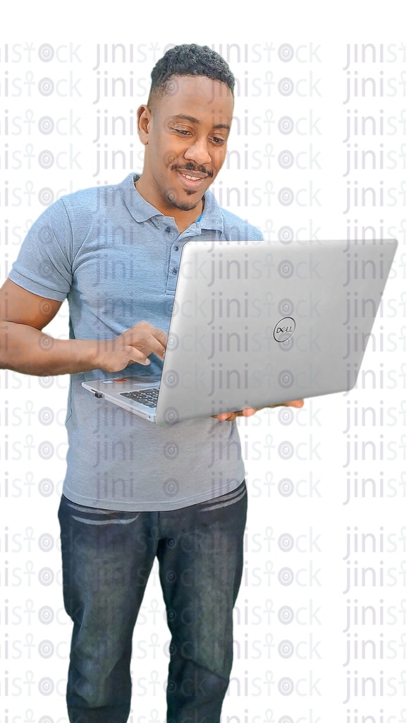 Egyptian man working and holding a laptop computer in his hand