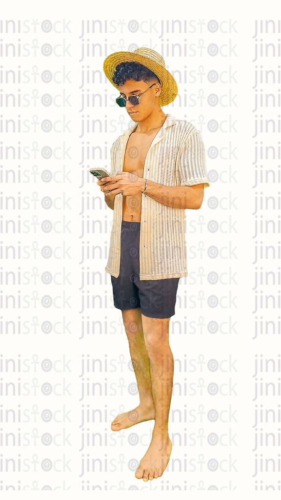 A man wearing a sea outfit, and texting or browsing on his mobile phone. This photo expresses summer vibes