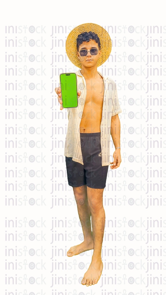 A man wearing  sea outfit, and recommending using the Mobile app or something that can have its image placed on the mobile phone. This photo expresses summer vibes