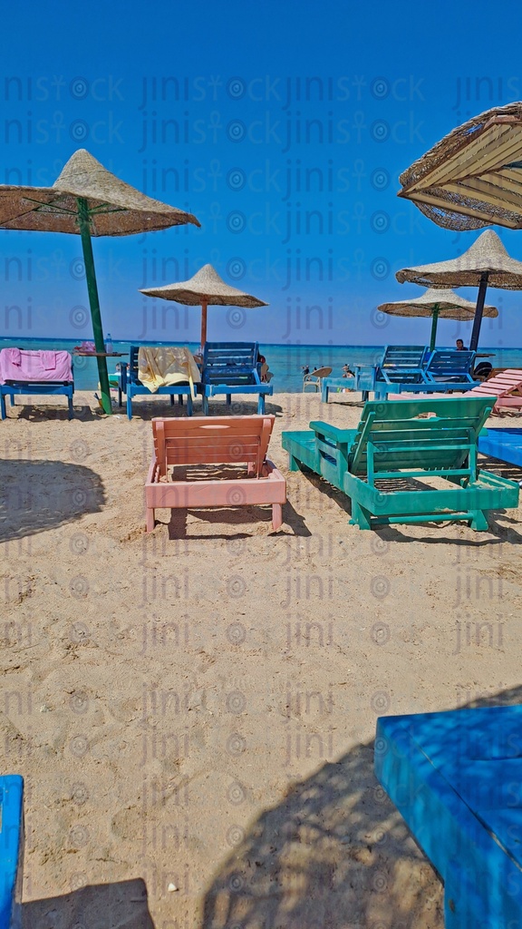 Summer vibes on one of the Red Sea beaches have umbrellas and beach chairs" Shaz longs".