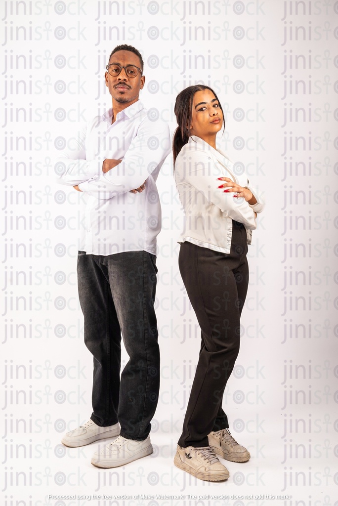 egyptian man and woman standing confidently with their back to each other