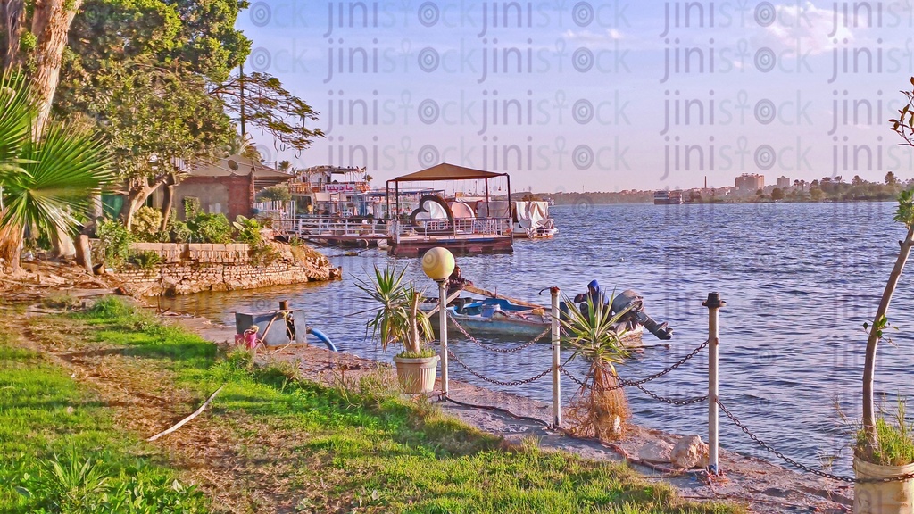 The Great Nile River, trees, and green grasses - Nile Corniche- Maadi Cornish