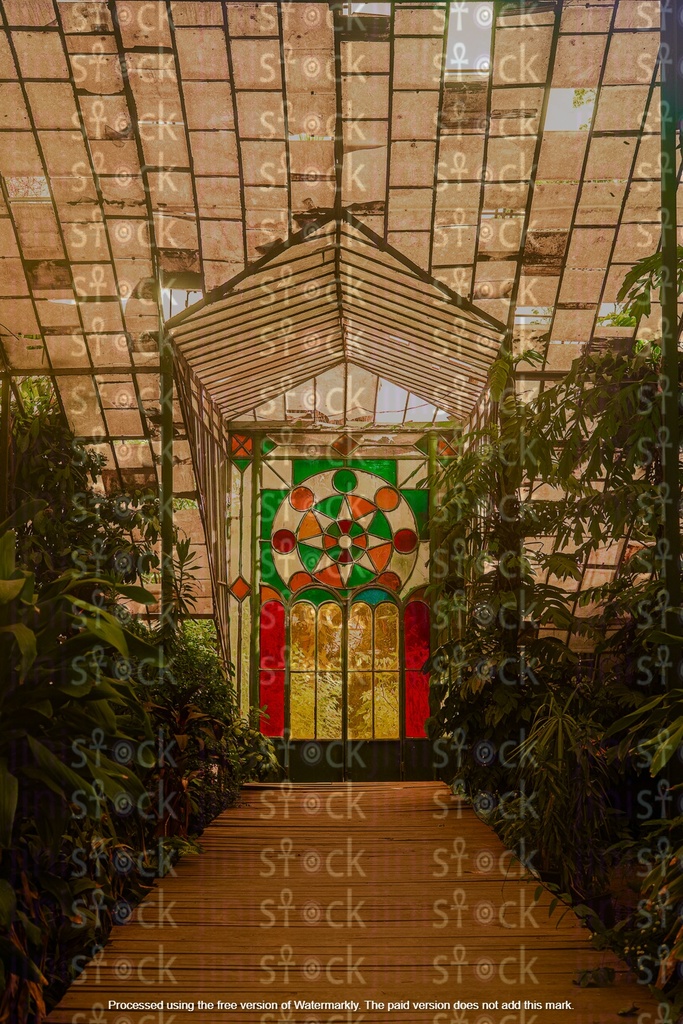The corridor is surrounded by dense green plants, suggesting a tropical environment.