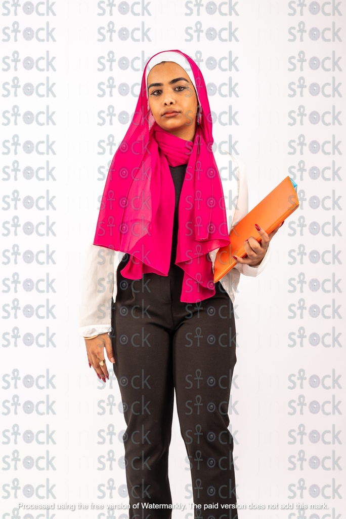 A Nubian girl wearing a pink scarf and holding an orange file