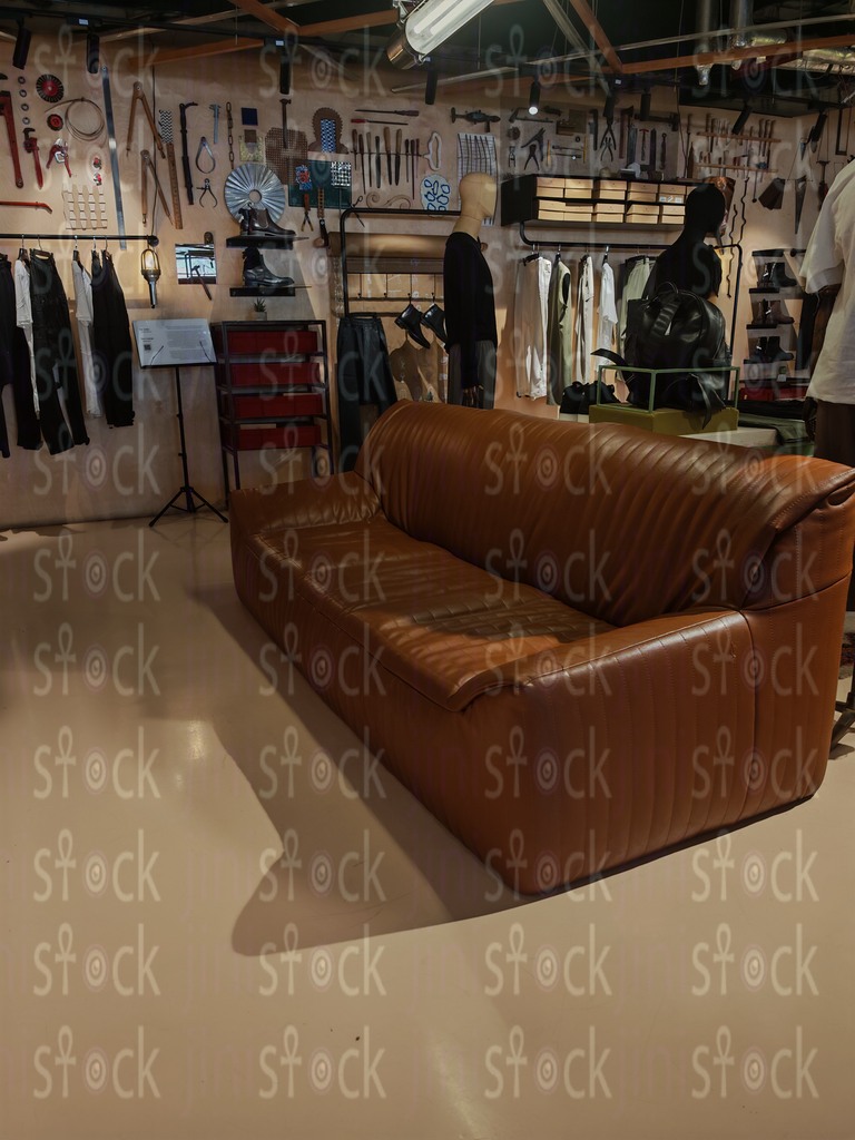 A leather sofa in the center of the store