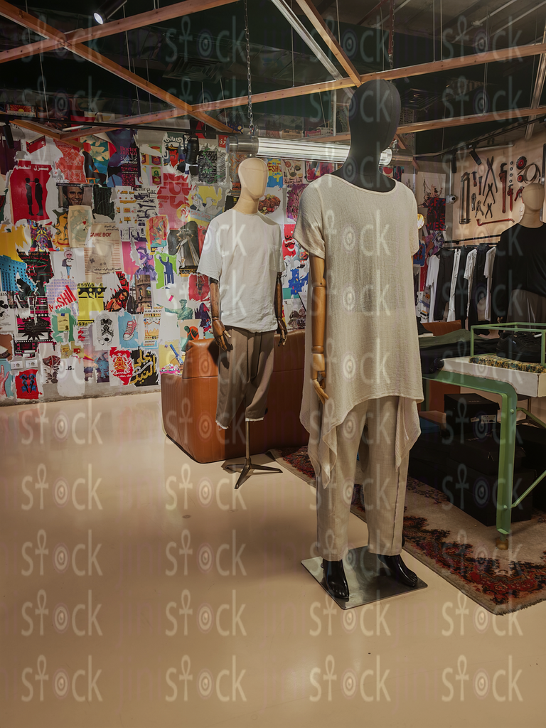 تماثيل عرض أمام جدار من الملصقات الفنية 