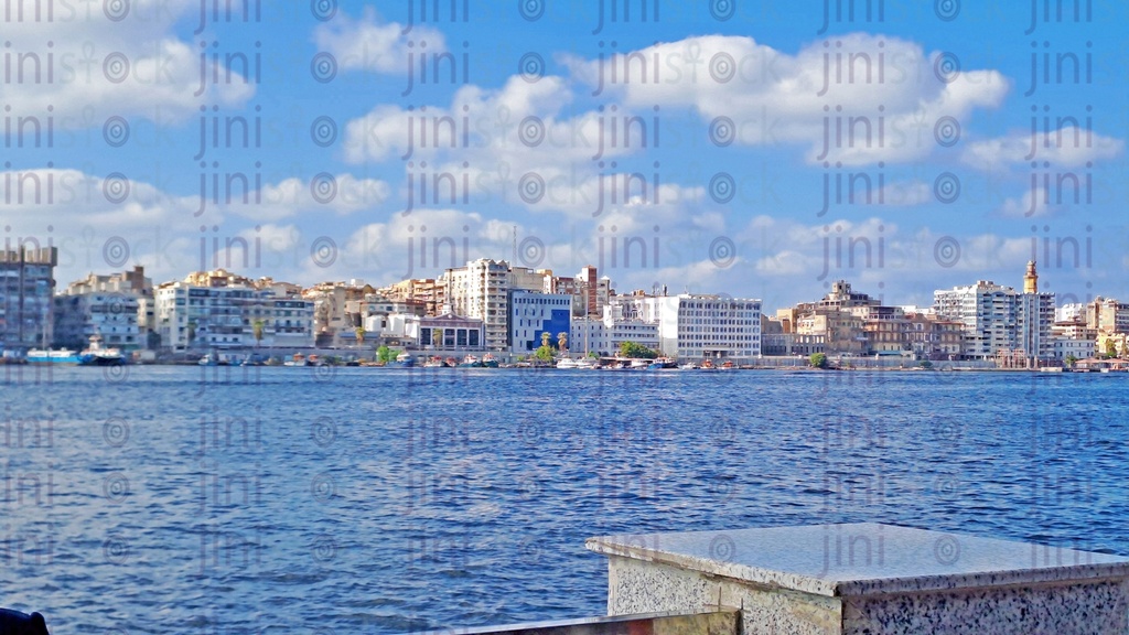 The view of the sea and buildings in Port Said, Egypt
