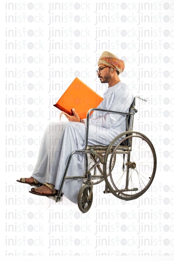 omani arab khaliji man from gulf on a wheelchair holding a file side view