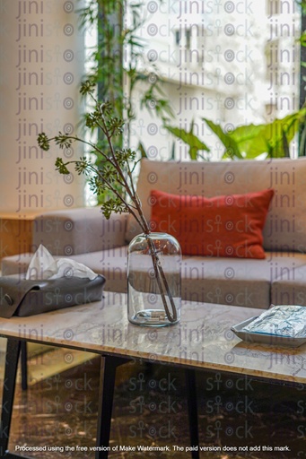 living room with white couch and table