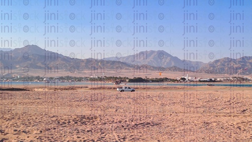 Mountains and the sands of Lagoona beach in Dahab in South Sinai Egypt