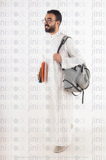 a khaliji saudi student gulf man with backpack side position stock image