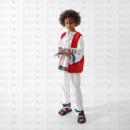 Nubian Egyptian reading boy with curly hair wearing like bakr