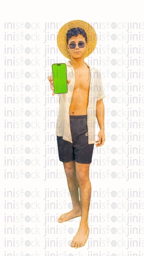A man wearing  sea outfit, and recommending using the Mobile app or something that can have its image placed on the mobile phone. This photo expresses summer vibes