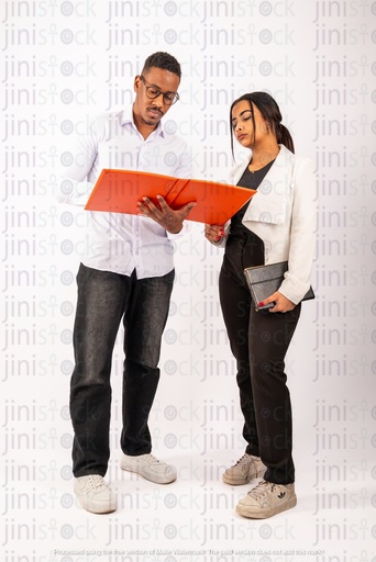 egyptian man and a woman standing checking some file or folder  team work