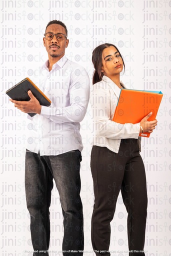 Egyptian man and woman standing with their back to each other in work