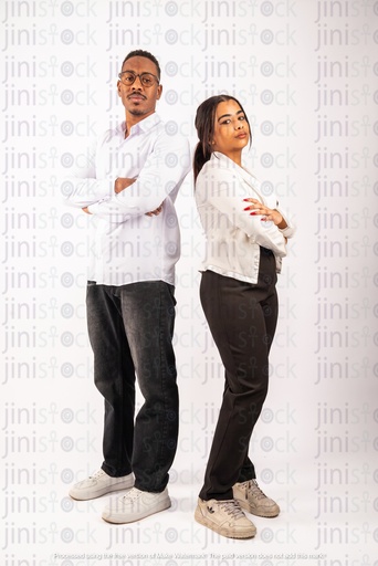 egyptian man and woman standing confidently with their back to each other