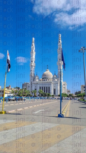 A Mosque in Port Fouad in Port Said Governorate, on one of the banks of the Suez Canal and a street in front of the mosque