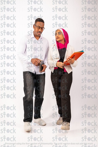 A veiled girl holding an orange file and a Nubian young man holding a tablet