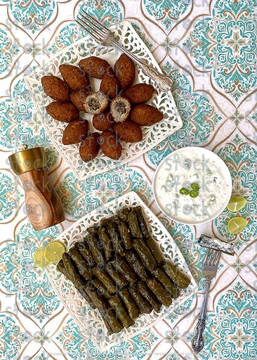 Stuffed grape leaves, kibbeh, and delicious yogurt salad