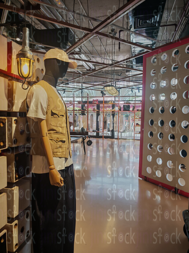 Mannequin in front of a perforated red wall