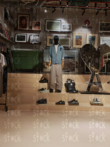Shoes and art displays on a staircase