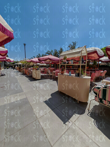 Outdoor seating area with bright colors